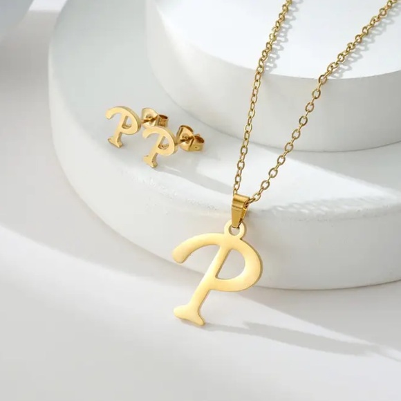 Gold Initial Pendant Necklace & Earrings Set - Picture 4 of 5